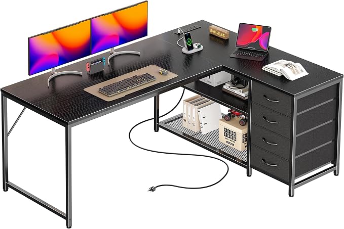 PRAISUN 53" L Shaped Desk with Power Outlets & USB-C Port, Reversible Computer Corner Office Desk with 4 Fabric Drawers and 2 Storage Shelves, Large Desk for Gaming Writing Work Study, Black