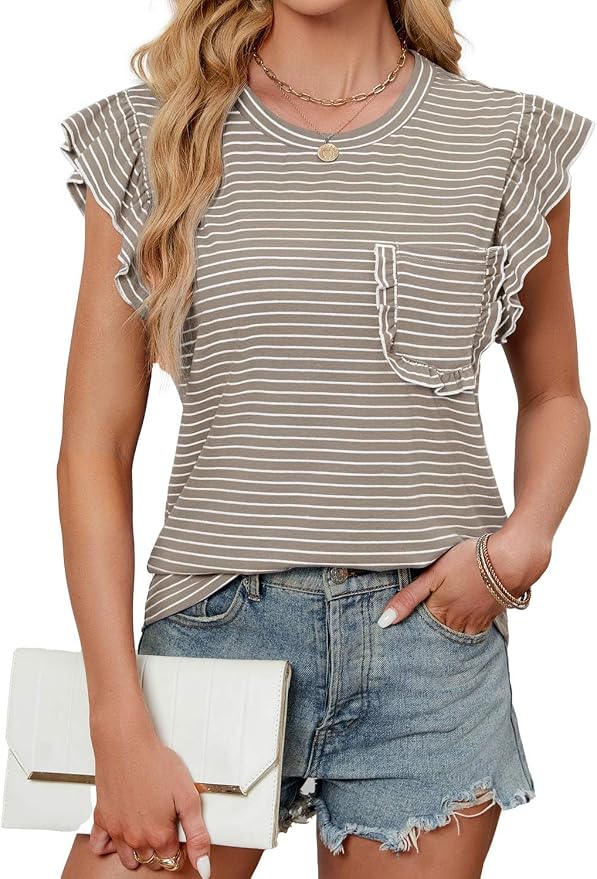 JUSTFASHIONNOW Womens Summer Tops Striped T-Shirts 2026 Ruffle Short Sleeve Crew Neck Casual Blouses with Pocket