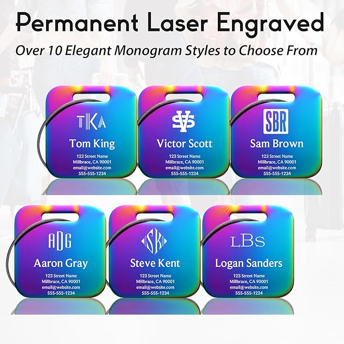 Personalized Luggage Tags for Suitcases - Stainless Steel Custom Luggage Tags for Backpacks & Bags, Sturdy, Waterproof & Heavy Duty (Rainbow/Square)