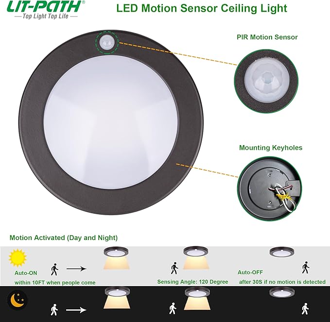 LIT-PaTH LED Flush Mount Ceiling Light, Closet Lighting Fixture with Motion Sensor, 10.5W, 700 Lumen, 6.2 Inch, Anti-Rust Galvanized Housing, Bronze Finish 3000K 4-Pack