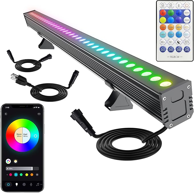 Linkable RGBCW LED Wall Washer Light, IP65 Waterproof Color Changing Light Bar for Outdoor Wall Wash, 180W Dimmable Uplight with APP & RF Remote Control, Music Sync, Timer