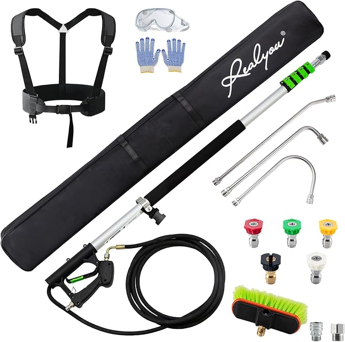 Realyou 24 FT Pressure Washer Telescoping Wand with Pressure Washer Extension Wand, Gutter Cleaner Tool, 5 Spray Nozzle Tips, 2 Hose Adapters, Support Belt and Bursh Head