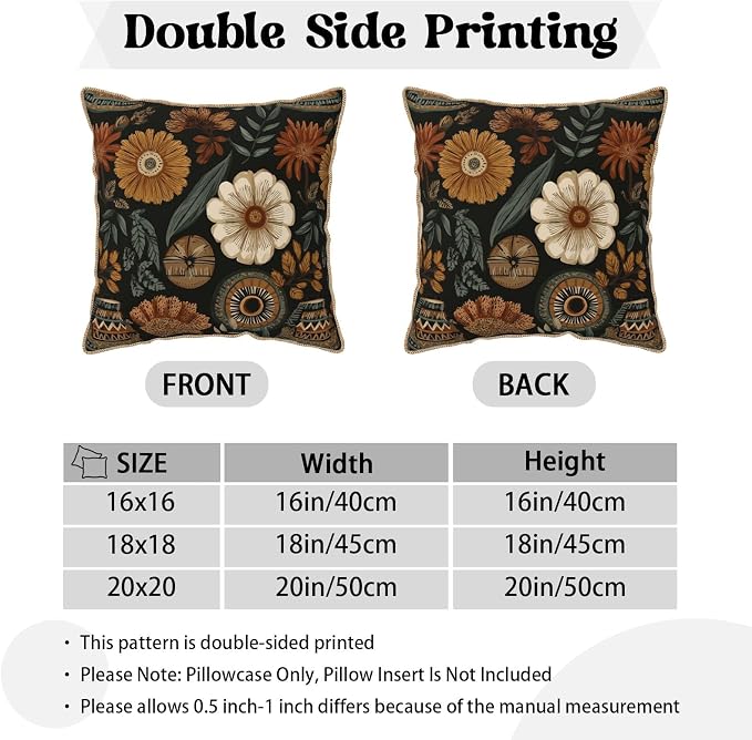 Vintage Boho Flower Velvet Pillow Covers 16x16 Inch Brown Green Retro Floral Throw Pillows for Couch Cushion Covers PillowcaseBohemian Farmhouse Pillow Cases for Sofa Bed Living Room