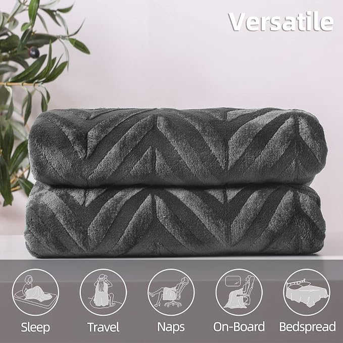 Whale Flotilla Flannel Fleece Fall Bed Blanket Queen Size, Dark Grey | Lightweight Breathable Soft Bedspread, Plush Fluffy Coverlet Chevron Design Decorative Blanket for Home Life, 90x90 Inch