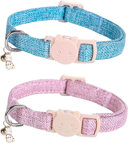 Cat Collar-2 Pack Cat Collar Blue and Pink Linnet with Kitten and Bell Pendant Safety Buckle Adjustable Pet Collar Suitable for Cats Gift to Cats and Small Pets