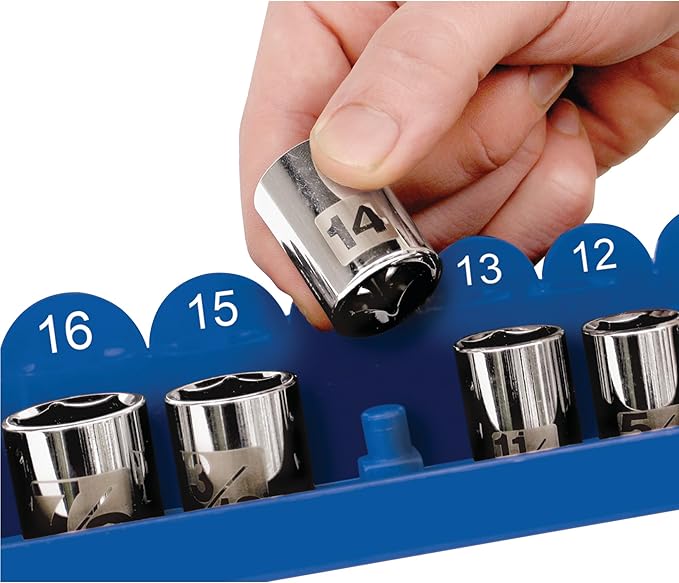 Performance Tool W779 Socket Organizer Tray - Holds 34 Standard and Deep Metric Sockets, Pre-Marked with Size Markings for Easy Viewing, 1/2-Inch Drive