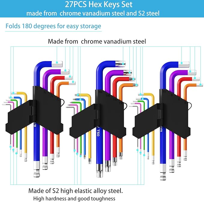 27 PCS Hex Key Set, Color-Coded, Chrome Vanadium Steel, Ideal for DIY Repairs of Bikes, Furniture, Electronics, Machinery, Cars, Motorcycles and Toys