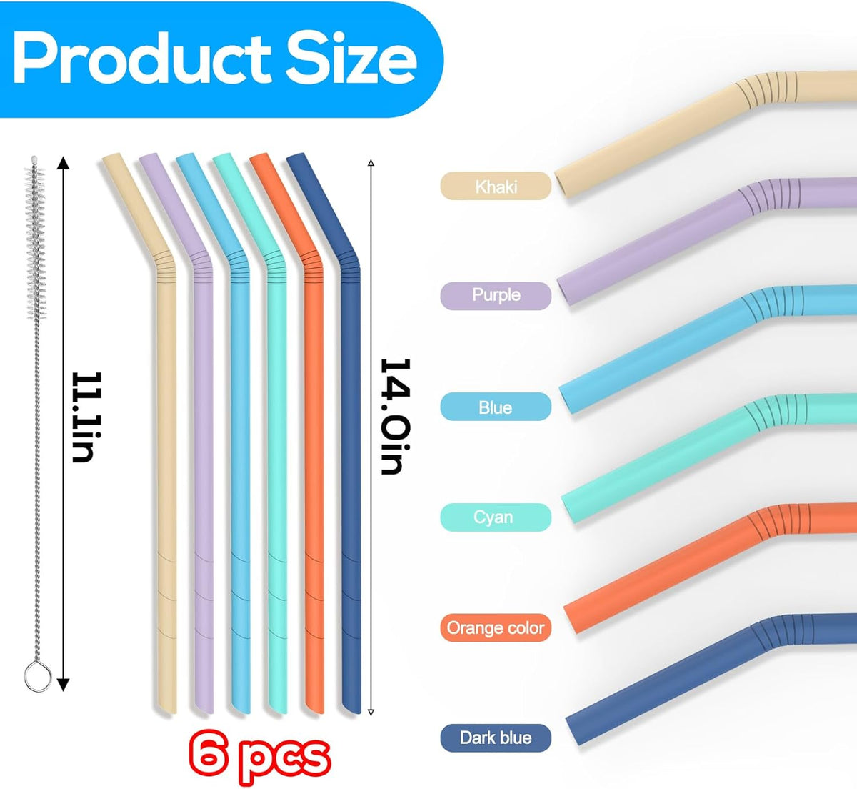 XANGNIER Extra Long Silicone Replacement Straws - 14” Pastel Color Straws for Stanley 40 oz Cup | 6 Pack with Cleaning Brush