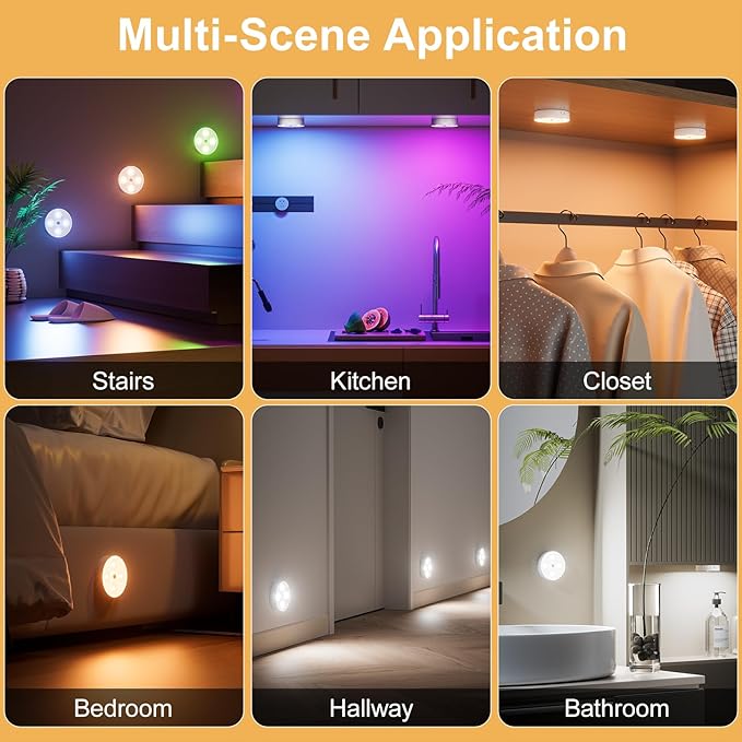 RGB Puck Lights with Remote & Motion Sensor – 1500mAh Rechargeable Under Cabinet Lighting for Kitchen, Closet & Stairs – 13 Colors, Magnetic Stick-On Lights, 6 Pack