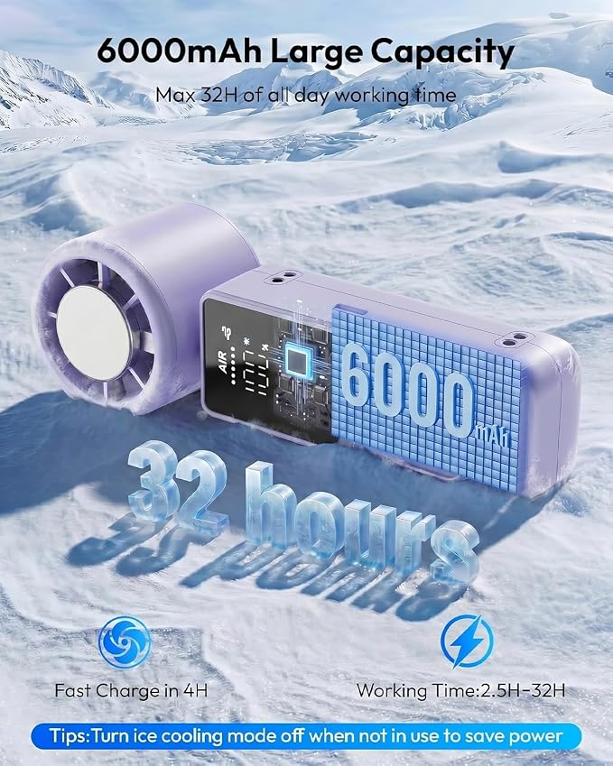 Portable Turbo Fan with Ice Cooling, 7.4m/s High Speed Handheld & Neck Fan, 180° Foldable 4-in-1, Carabiner Clip, 100 Speeds Stepless Control, USB-C Rechargeable, for Travel Makeup Hot Flashes