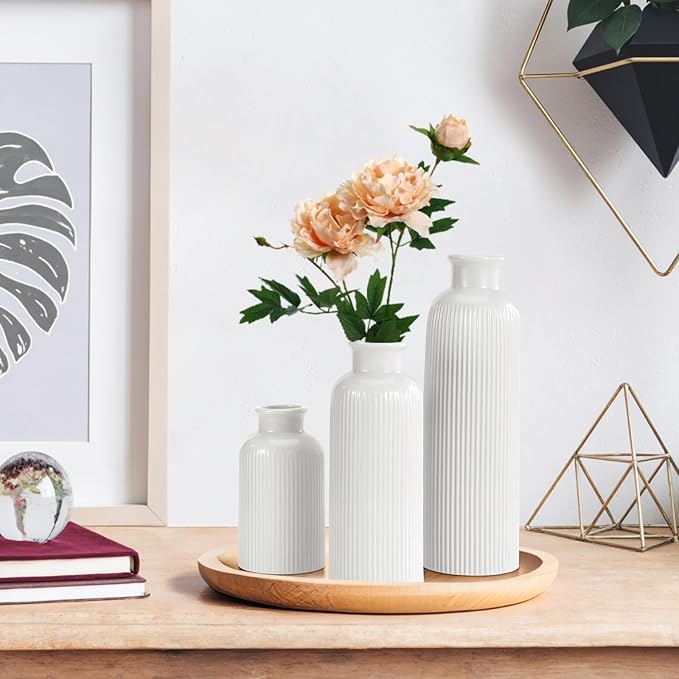 Small White Ceramic Vase Set of 3, Boho Modern White Flower Vase Room Decor, Farmhouse Decor, Vases for Your Kitchen, Bathroom, Bedroom, Living Room, Office&Shelf Centerpiece Table Decorations