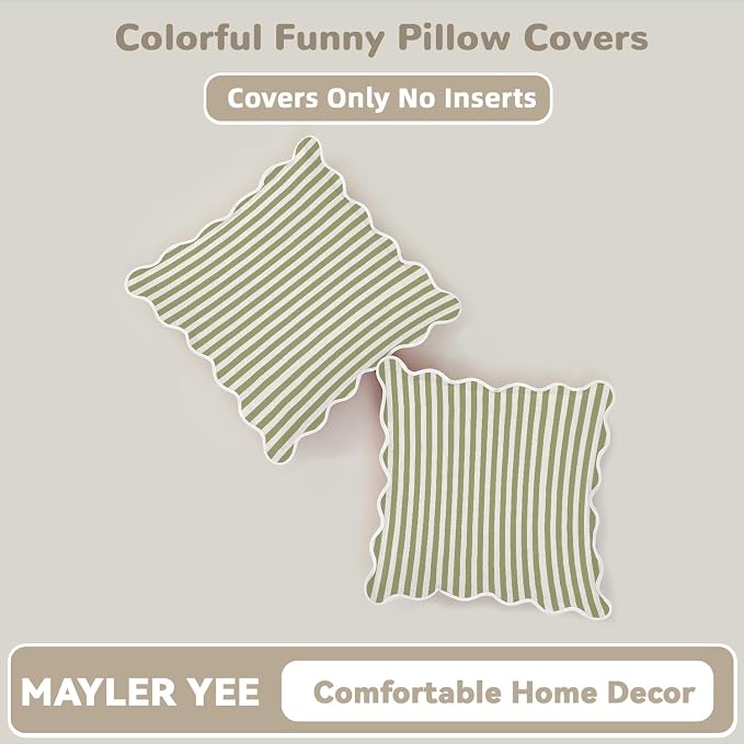 Scalloped Throw Pillow Covers | Decorative Couch Pillows | Cute Stripe Pillow Cases | Boho Sytle for Living Room (Green & White, 24x24 Inch)