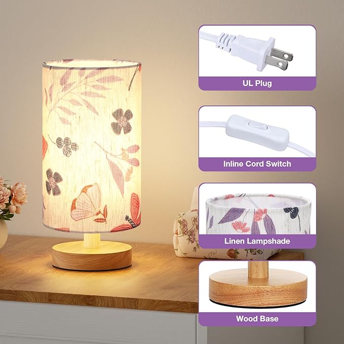 Fenmzee Small Table Lamps (Butterfly Cream Shade, 9" Inline Control) | 3000K LED Blub Included | 680 Lumens | Easy Assembly | Minimalist Design | E26 | for Kitchen | for Kids Room