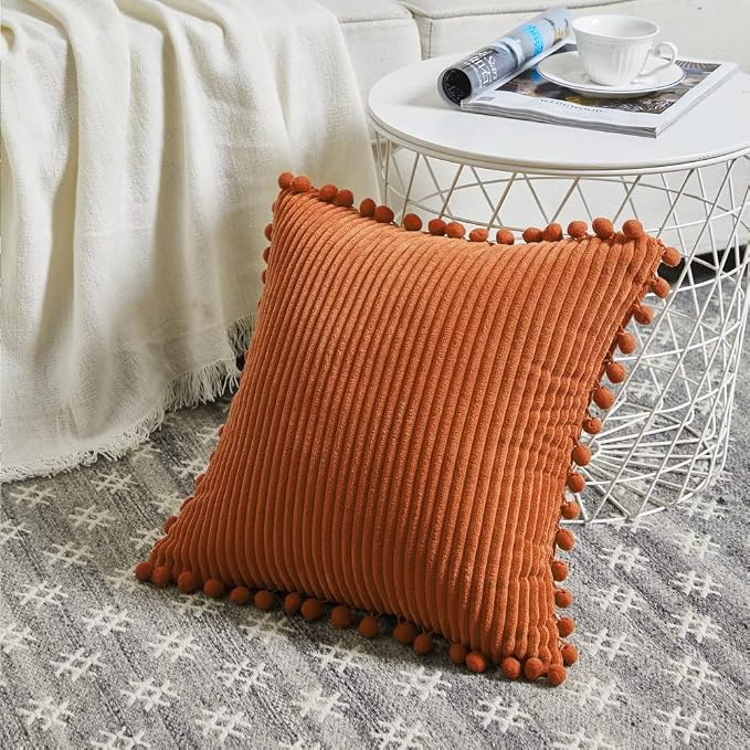 Fancy Homi Pack of 2 Rust Fall Decorative Throw Pillow Covers 16x16 Inch with Pom-poms for Living Room Couch Bedroom, Soft Corduroy Terracotta Solid Square Cushion Case 40x40 cm, Boho Home Decor