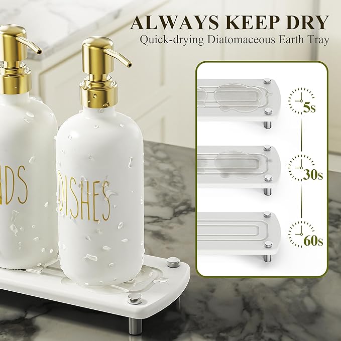 Cisily Kitchen Soap Dispenser Set Comes with Ceramics Sponge Holder, Gold Pumps, and Instant Dry Tray, Hand and Dish Soap Dispenser Set Suitable for Kitchen Decor and Accessories