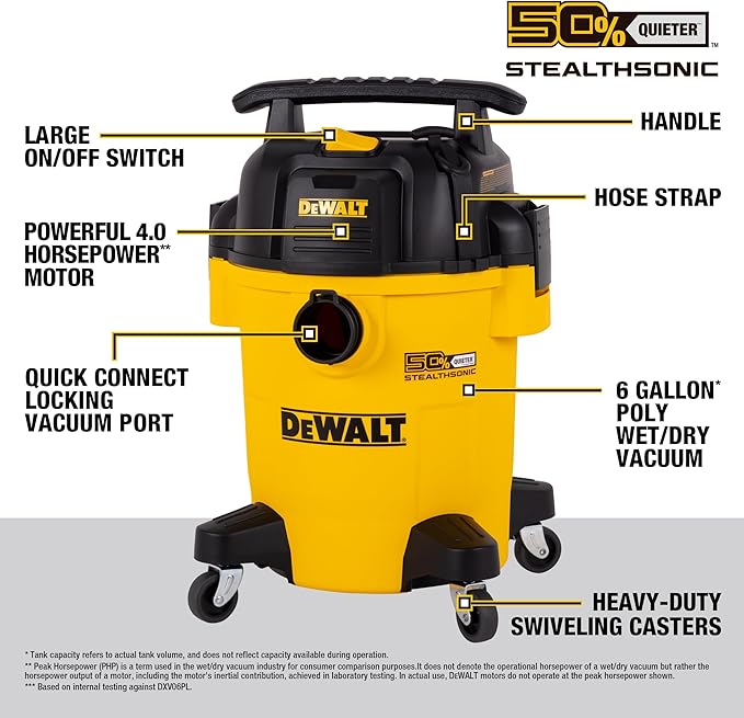 DEWALT 6 Gallon STEALTHSONIC Shop Vacuum Wet and Dry DXV06PL-QT, Ultra Quiet 4 Peak HP Wet Dry Vac for Jobsite & Workshop