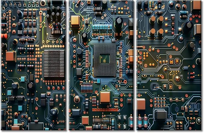 3 Panels Framed Wall Art Microcontroller Technology Canvas Wall Art Circuit Board Pictures Modern Wall Art for Bedroom Living Room Art Prints Stretched and Framed Ready to Hang 60"Wx40"H