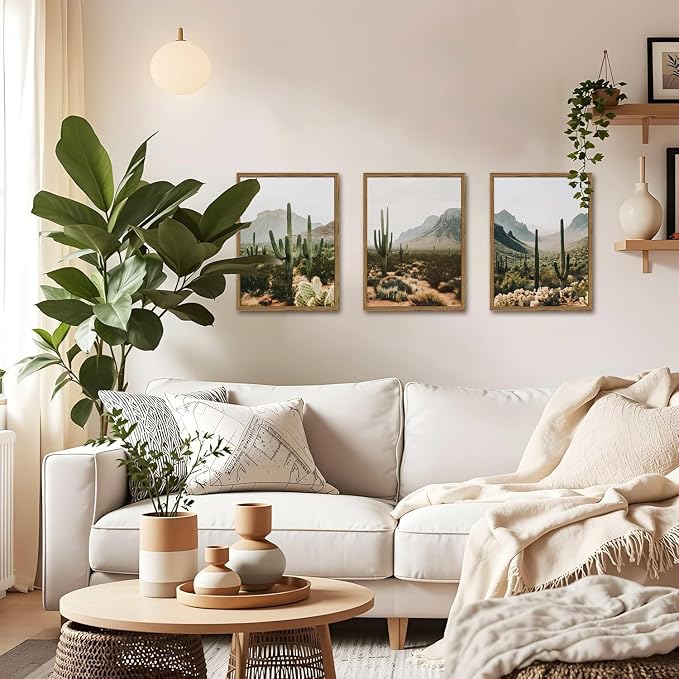 Framed Desert Landscape Wall Art Set of 3, Vintage Southwestern Cactus Wall Decor Paintings, Mexican Mountain Botanical Pictures Canvas Prints for Living Room Bedroom Bathroom Office 12x16 inch