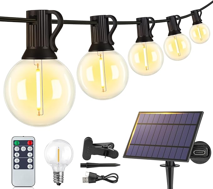 25FT Solar String Lights Outdoor with Remote, Waterproof Dimmable 3 Modes Patio Lights with 10+1 LED Shatterproof G40 Bulbs for Backyard-Black