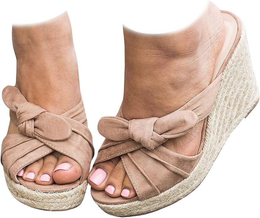 Womens Espadrilles Wedge Sandals Slides Platform Slip on Bow Knot Open Toe Summer Mules Shoes