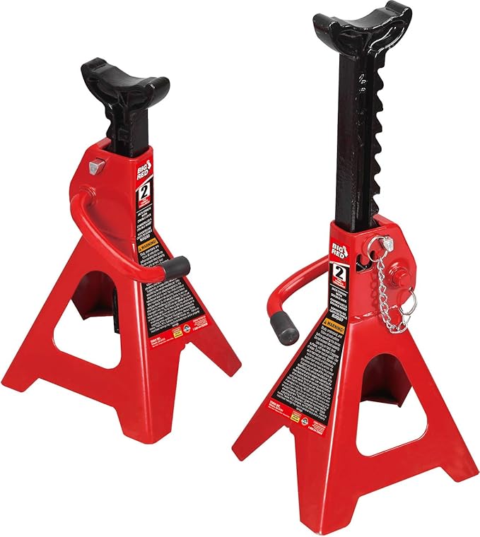 BIG RED T815016L Torin Hydraulic Low Profile Aluminum and Steel Racing Floor Jack, 1.5 Ton (3,000 lb) Capacity, Blue & T42002A Torin Steel Jack Stands: Double Locking, 2 Ton (4,000 lb) Capacity, Red