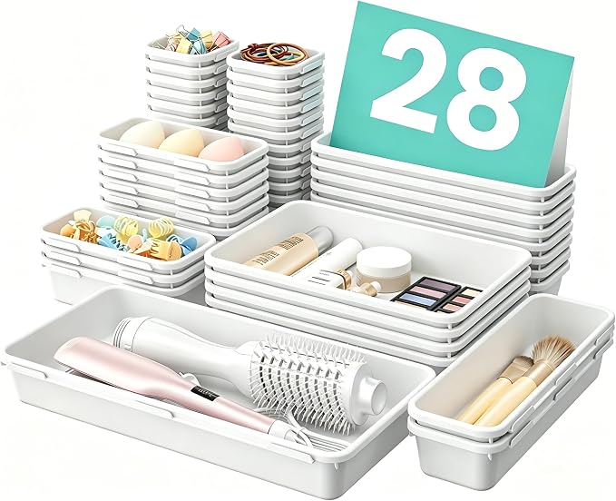 【Military Grade】A-LuGei Drawer Organizer,【】Makeup organizer,【Holds 177 Items】Bathroom Organizers and Storage,Organization and Storage,Desk Drawer Organizer for Vanity【White】