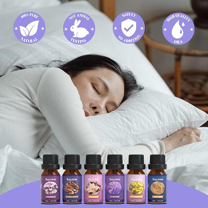SALKING Sleep Essential Oils Set, Pure and Natural Essential Oils, Fragrance Oil Scented Oils for Oil Diffusers 6 x 10 ML - Lavender, Vetiver, Sandalwood, Valerian, Helichrysum, Benzoin…