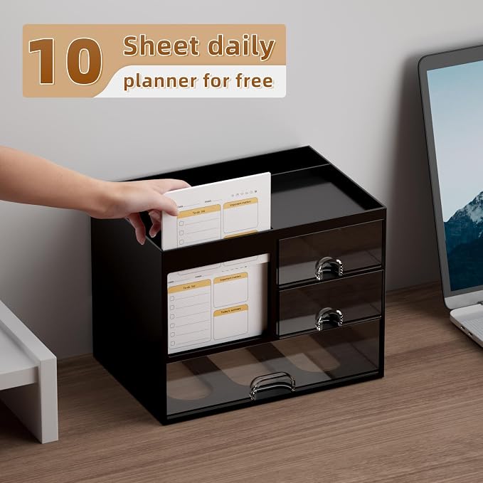 Marbrasse Desk Organizer with 3 Drawer, Multi-Functional Pencil Pen Holder for Desk, Desk Organizers and Accessories with 4 Compartments, Desktop Organizer Storage for Office Home Art Supplies (Black)