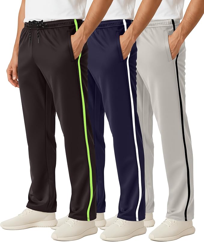 3 Pack Men's Mesh Open Bottom Sweatpants Active Athletic Workout Gym Pocket | Available in Big & Tall, Uncuffed, Elastic Waistband, Drawstring, Straight Leg, Running, Jogging, Exercise, Training, Sports