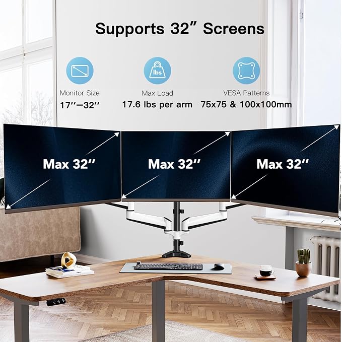 HUANUO Triple Monitor Stand - Full Motion Articulating Monitor Mount Fit Three 17 to 32 inch LCD Computer Screens with Clamp, Grommet Kit