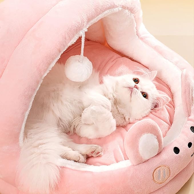 Cat Bed for Indoor Cats, Dog Bed with Anti-Slip Bottom, Rabbit-Shaped Cat/Small Dog Cave with Hanging Toy, Puppy Beds with Removable Cotton Pad, Super Soft Calming Pet Sofa Bed (Pink, Large)