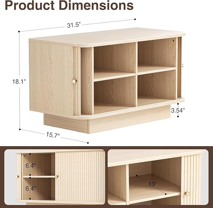 31" Shoe Storage Bench Dark Oak Entryway Storage Bench with Sliding Doors, Padded Cushion and 5 Metal Wall Hooks for Hallway, Living Room
