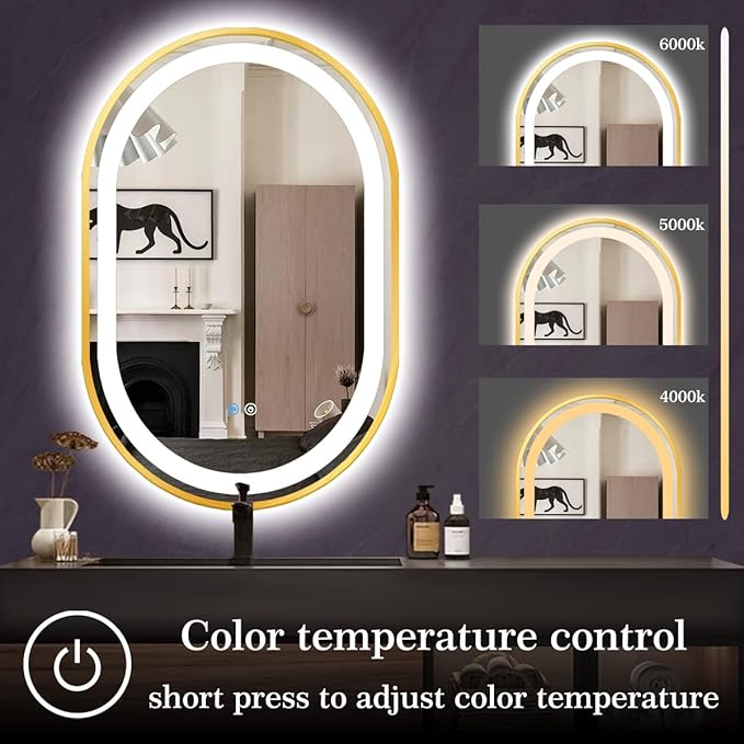 16 x 24 Inch Gold Oval LED Vanity Mirror with Lights Smart Memory 3 Color Dimmable Anti-Fog 24 Inch Gold Frame Oval Lighted Mirror for Bathroom Wall LED Ovals Mirror with Lights Golden Frame