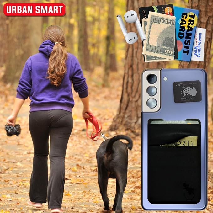 Double Pocket Gecko Phone Wallet - Adhesive Card Holder - Cell Phone Pouch - Stick on Spandex Pocket by Gecko - Carry Credit Cards and Cash ��� (BLACK-BLACK)