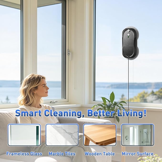 KKI Window Cleaning Robot, Auto-Dual Spray,for High-Rise Windows 10Cloths | Robot Window Cleaner Dual Max 6400pa, 3 Cleaning Modes & Edge Detection, Remote Control ,Anti-drop,UPS Battery