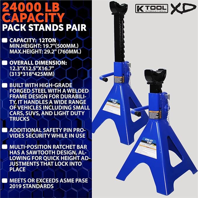 K Tool International XD61211 12 Ton Automotive Jack Stands for Garages, Repair Shops, and DIY, 24,000 lbs. Capacity, Heavy Duty Steel Frame, Adjustable Height 19.7"- 29.2", Black/Blue, Pair