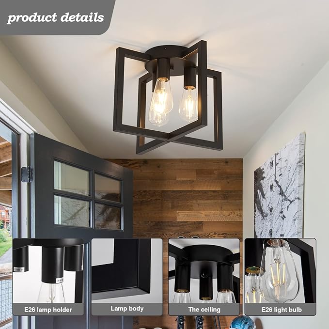 ZGLAOJT 3-Lights Ceiling Light Fixture,Industrial Black Semi Flush Mount Chandelier,Ceiling Lighting for Kitchen Living Room Bedroom Farmhouse Hallway Foyer