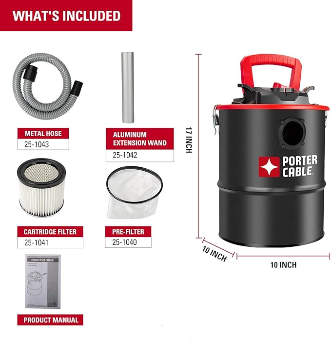 Porter-Cable 4 Gallon 4 Peak HP Ash Vacuum, with Metal Hose, Pre-Filter, and Cartridge Filter, Ideal for Fireplaces, Bonfire Pits, Wood-Burning Stoves, BBQ Grills, Black-PCX18184