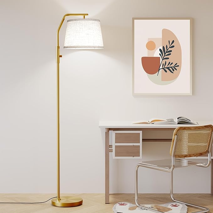 SUNMORY Floor Lamps for Living Room, 9W Bulb Included, Lamp for Bedroom with Adjust Head, Standing Lamp with Rotary Switch, 0-100% Dimmable Floor Lamp for Living Room Bedroom Office Nursery, Gold.