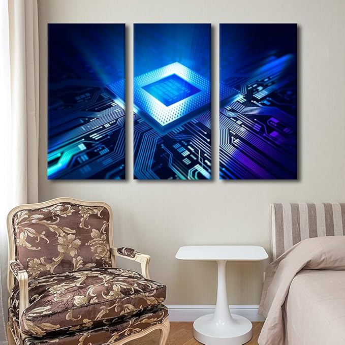 TUMOVO 3 Panels House Decorations Wall Art CPU Concept Wall Pictures for Living Room Computer Chip Canvas Wall Art Digital Age Modern Wall Painting Prints on Canvas Framed Ready to Hang(40" Wx60 H)