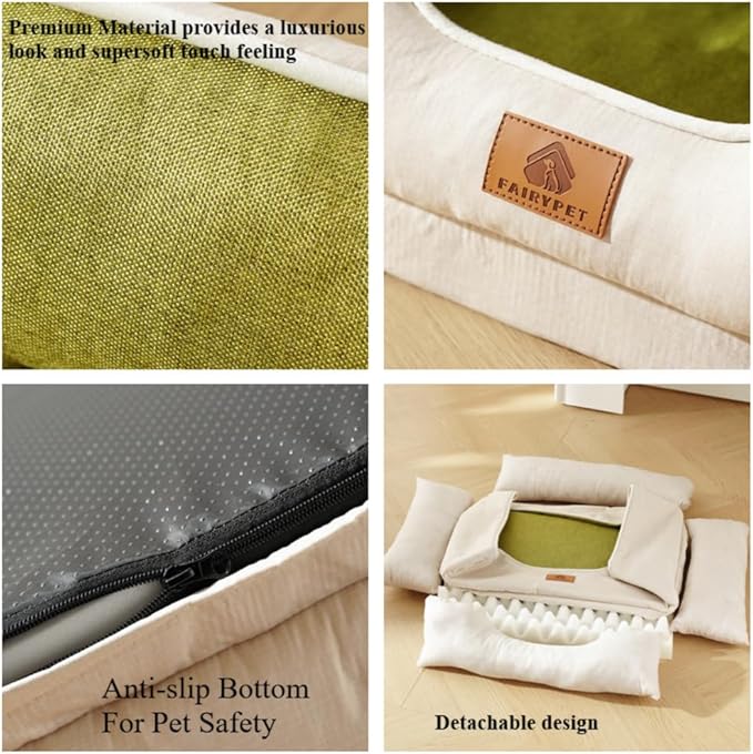 Large Dog Bed with Removable Washable Cover & Bolsters - Waterproof, Non-Slip Pet Sofa for Big Dogs(Green,34 * 23 * 9in)