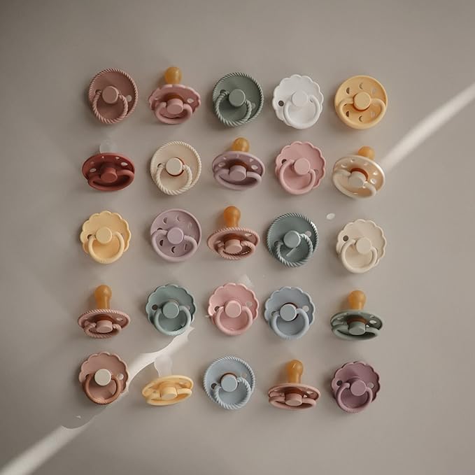 FRIGG Moon Natural Rubber Baby Pacifier | Made in Denmark | BPA-Free (Soft Lilac/Daffodil, 0-6 Months) 2-Pack