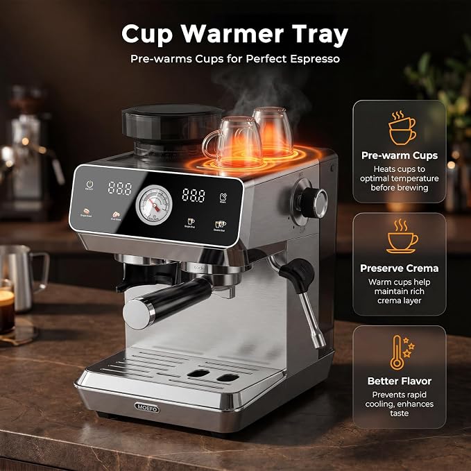 Espresso Machine with Grinder, 20-Bar Programmable Semi-Automatic Coffee Maker, Visual Pressure Gauge & Touchscreen, Compact Design with Tamper, Make Americano, Latte, Cold Brew, Silver