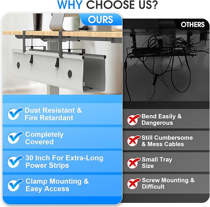 Under Desk Cable Management Tray, 40-inch No-Drill Cord Organizer with Anti-Sag Reinforced Base, Fabric Wire Management Hider for Standing Desk, Office & Gaming Accessories - Grey