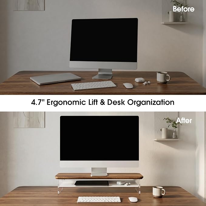 Fenge 23.6" Monitor Stand with Clear Acrylic Legs, Brown | Clear acrylic, storage compartment, 2-tier home office monitor riser, wide large desktop shelf fit monitor/laptop/printer