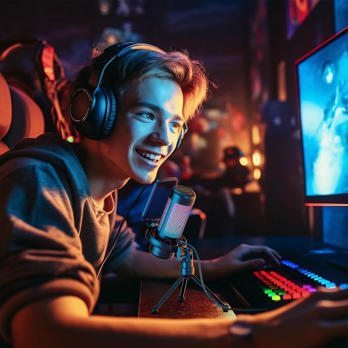 TONOR Gaming Microphone Set, PC Condenser Mic with RGB for Gamers | Desktop Stand Set, Quick Mute, Volume Control, for Twitch Streaming, Discord Chatting, 200 cm/78'' Cable, Black, TC310