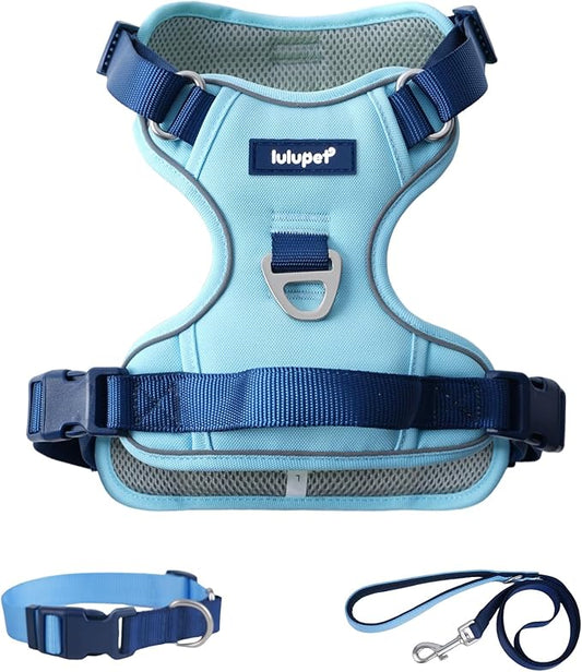 3 in 1 No Pull Dog Harness Leash and Collar Set, Soft Adjustable Dogs Vest Reflective and Comfortable Handle Blue X-Large