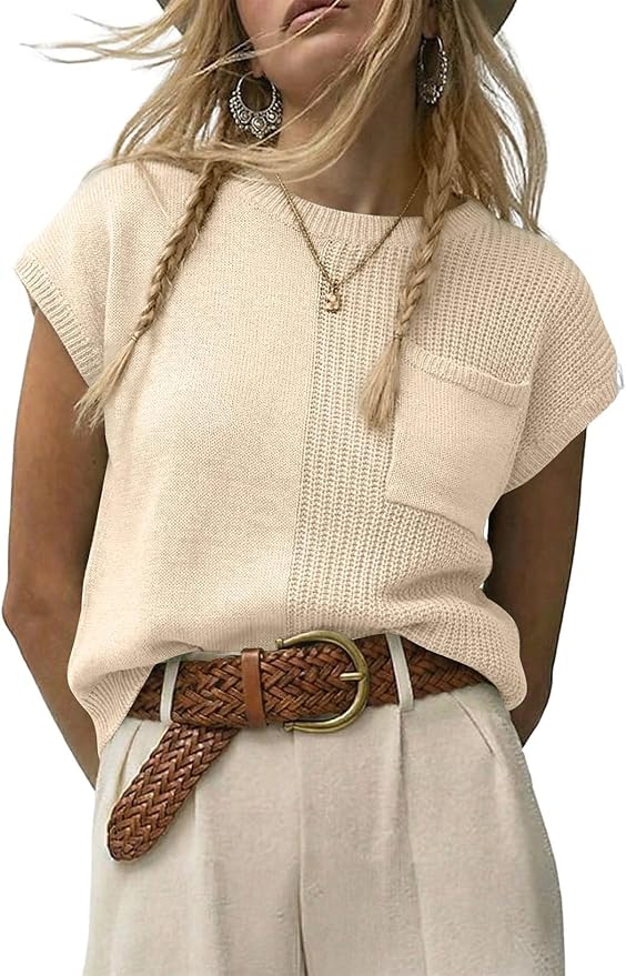 Dokotoo Summer Knit Tops for Women Sleeveless Crewneck T Shirts Casual Lightweight Sweater Blouses Shirts