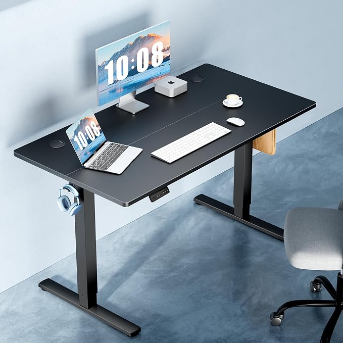 DUMOS 48 Inch Electric Standing Desk, Memory Adjustable Home Office Desk | Sit Stand Up Desk for Work Home Office,Adjustable Desk, Rising Computer Table with Splice Board,Cable Management,Hook,Black