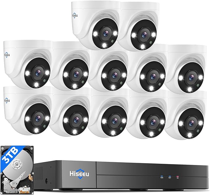 Hiseeu 12 Channel Wired Security Camera System with Smart Dual Light | Audio,Person/Vehicle Detection,121��Wide View,5MP DVR,12PCS 5MP IP67 Outdoor CCTV Cameras,3TB HDD for 24/7 Surveillance